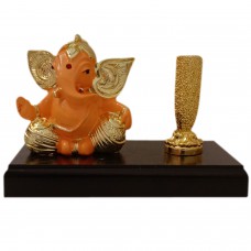 24k Gold Plated Ganesha Pen Holder Wooden Base